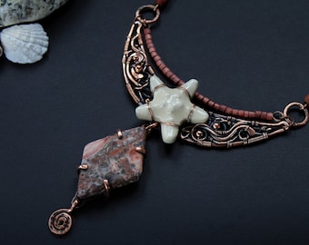 Jasper necklace Ceramic Boho Heady wire wrap  Artisan pendant Wire wrapped necklace Woodland nacklace Copper pendant Sea inspired necklace