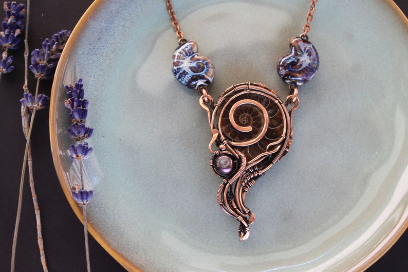 Ammonite necklace Wire wrapped pendant Wire wrapped jewelry Copper necklace 7th Annyversary Gift Ceramic summer necklace Heady wire wrap image 3