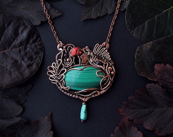 Forest pendant, Mushrooms pendant, Copper pendant, Wire wrap pendant, wire wrap jewelry, agate pendant, Malachite necklace, gift for her