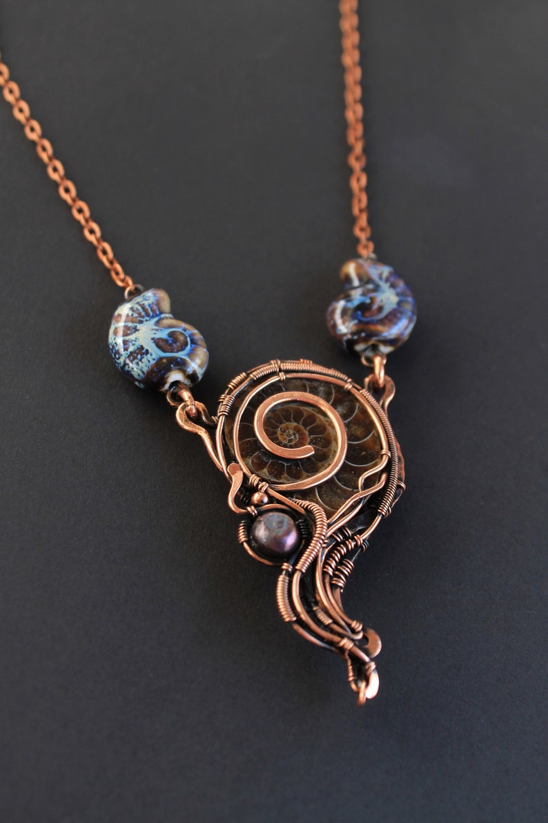 Ammonite necklace Wire wrapped pendant Wire wrapped jewelry Copper necklace 7th Annyversary Gift Ceramic summer necklace Heady wire wrap image 5