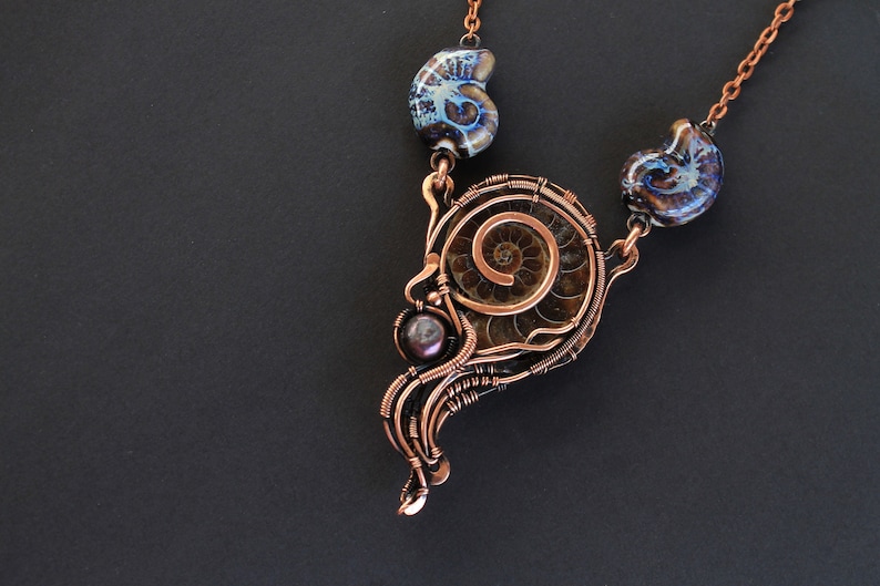 Ammonite necklace Wire wrapped pendant Wire wrapped jewelry Copper necklace 7th Annyversary Gift Ceramic summer necklace Heady wire wrap image 1