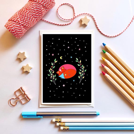 Sleeping fox under the stars. Cute fox, starry night, winter berries, cute forest animals.