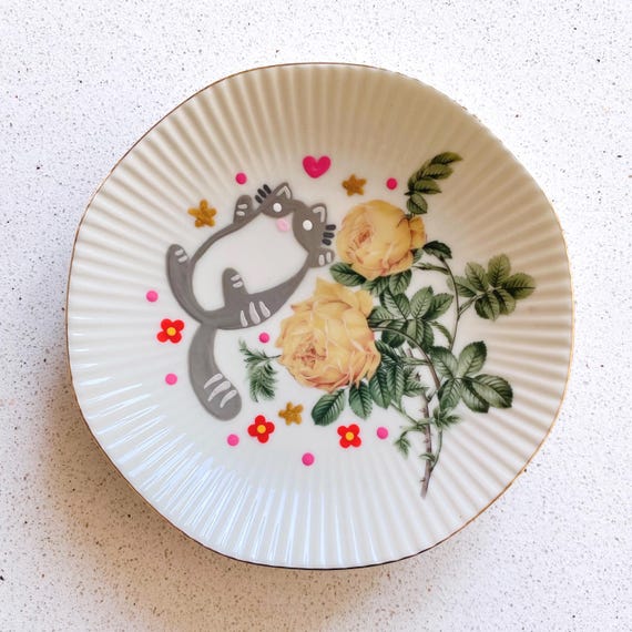 Grey and white cat, stars and flowers, hand painted vintage trinket dish. Decorative trinket dish.