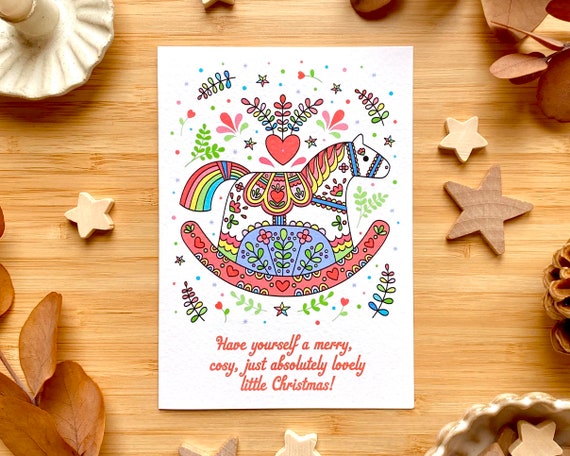 Rocking horse Christmas card. Have yourself a merry, cosy, just absolutely lovely little Christmas! Scandi style Dala rocking horse card.