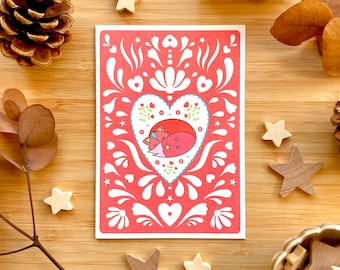 Cosy fox and Scandi style heart Christmas card. Folk pattern eco Christmas card. Cute fox card.