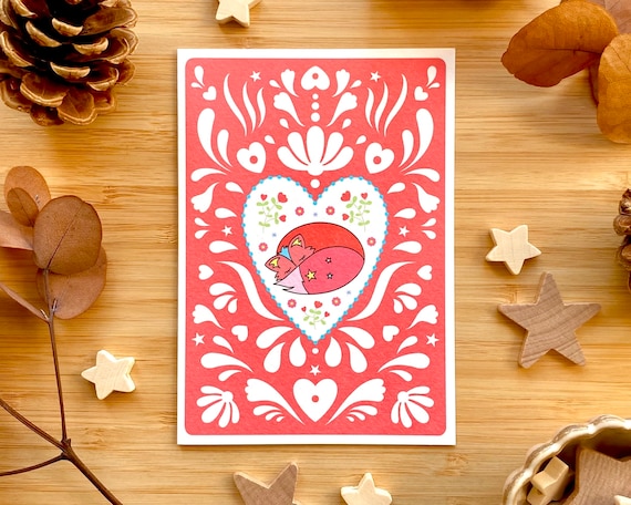 Cosy fox and Scandi style heart Christmas card. Folk pattern eco Christmas card. Cute fox card.