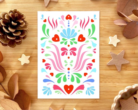Pink and green scandi folk art greeting card. Any occasion card. Just because card. Scandi folk pattern card.