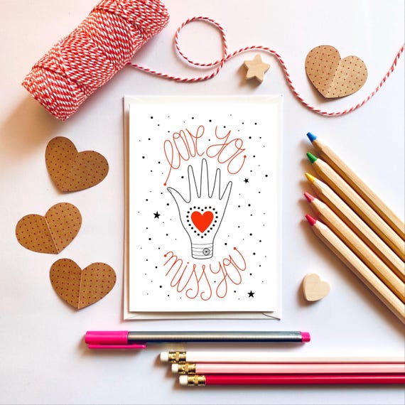 Love You, Miss You. A6 greeting card. Love card, Valentine card.