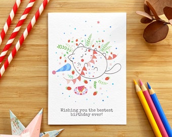 Cute cat with bunting birthday card. Wishing you the bestest birthday ever!