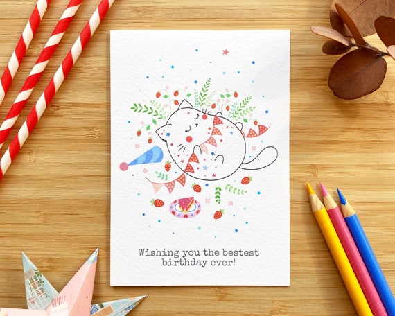Cute cat with bunting birthday card. Wishing you the bestest birthday ever!
