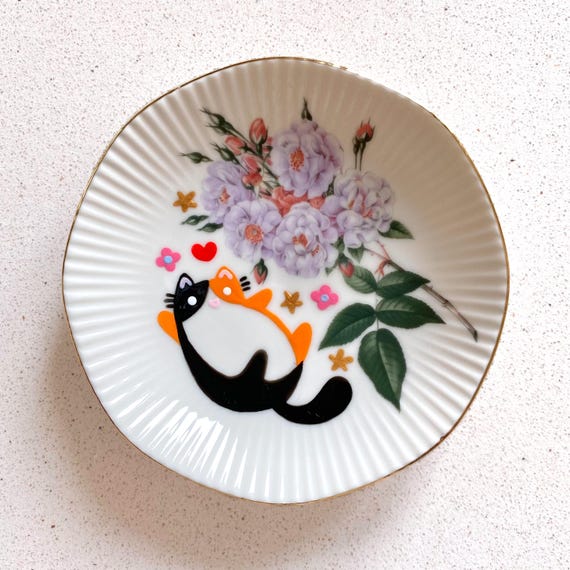 Cute calico cat, stars and flowers, hand painted vintage trinket dish. Decorative trinket dish.