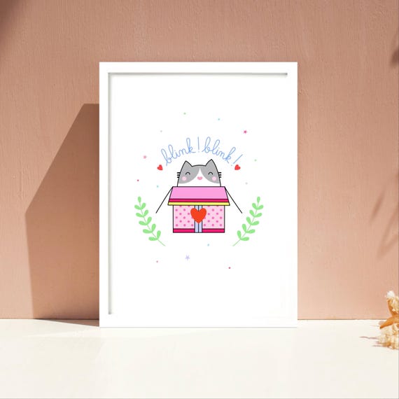Blink! Blink! Cute cat and box wall print. A4 / A5 unframed print.