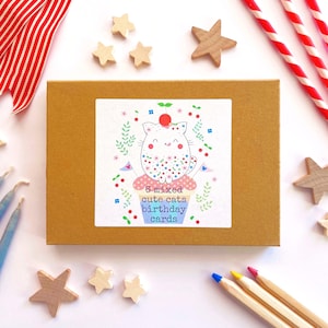 Pack of 6 mixed cute cats birthday cards. Birthday cards pack with 6 different designs and 6 colourful envelopes.