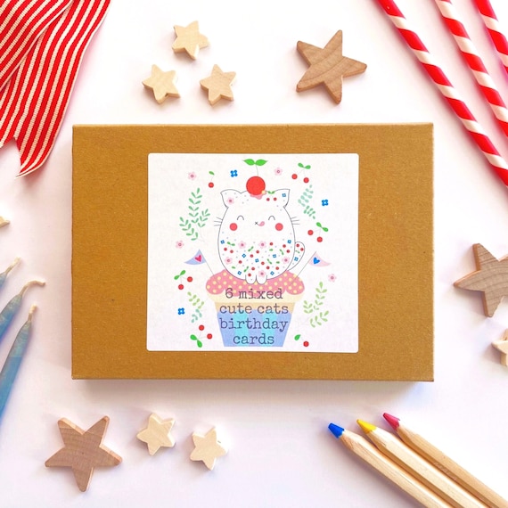Pack of 6 mixed cute cats birthday cards. Birthday cards pack with 6 different designs and 6 colourful envelopes.