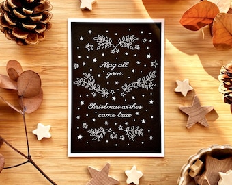 Mögen alle Deine Weihnachtswünsche in Erfüllung gehen. Schwarz/weiße Weihnachtskarte. Sterne und Blätter Weihnachtskarte. Weihnachtswünsche.