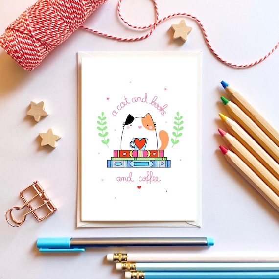 A cat books and coffee. Cute cat greeting card. Cards for cat people.