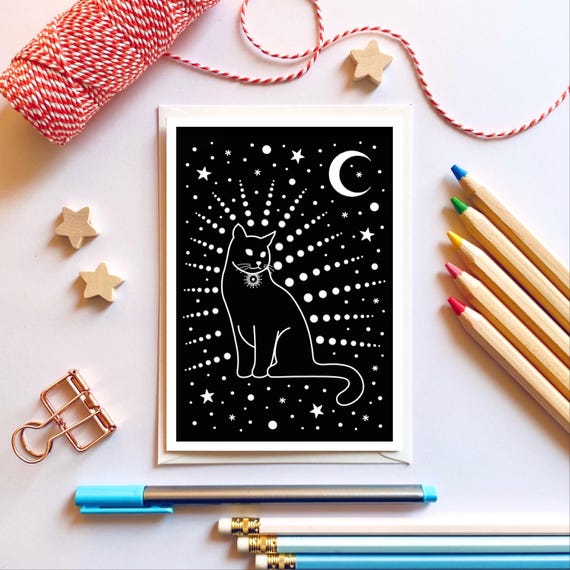 Black cat with moon and stars, greeting card.
