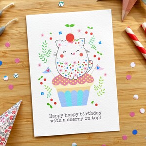 Cute cat with cupcake birthday card. Happy happy birthday with a cherry on top image 2