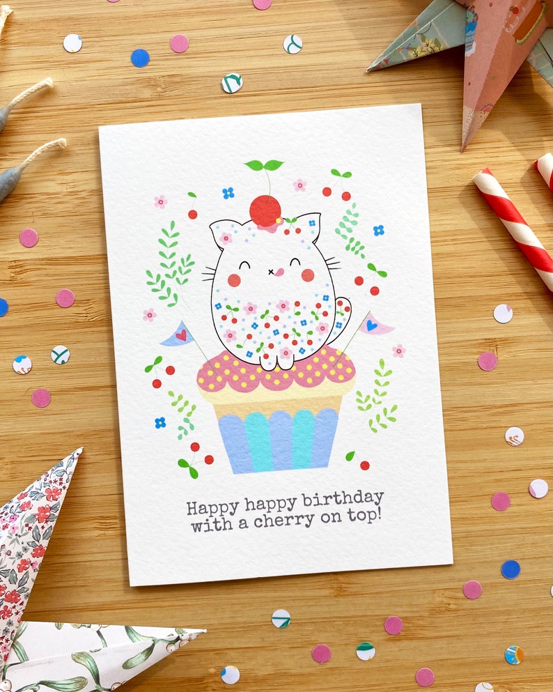 Cute cat with cupcake birthday card. Happy happy birthday with a cherry on top image 2