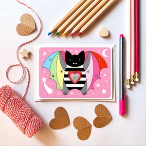 Słodka kartka z pozdrowieniami Rainbow Bat. Słodka kartka na Halloween. Wesołego Halloween.
