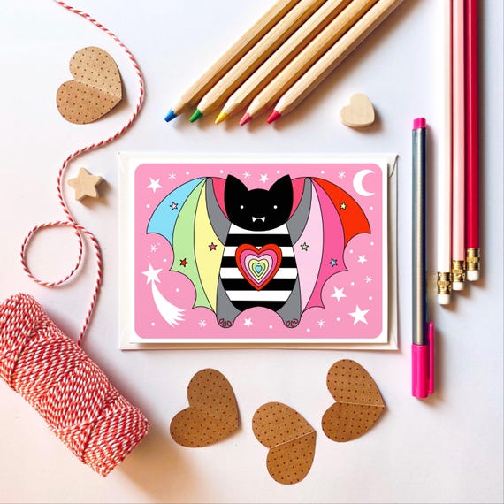 Cute Rainbow Bat greeting card. Cute Halloween card. Happy Halloween.