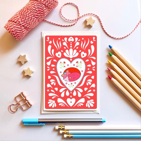 Cosy fox and Scandi style heart Christmas card. Folk pattern eco Christmas card. Cute fox card.
