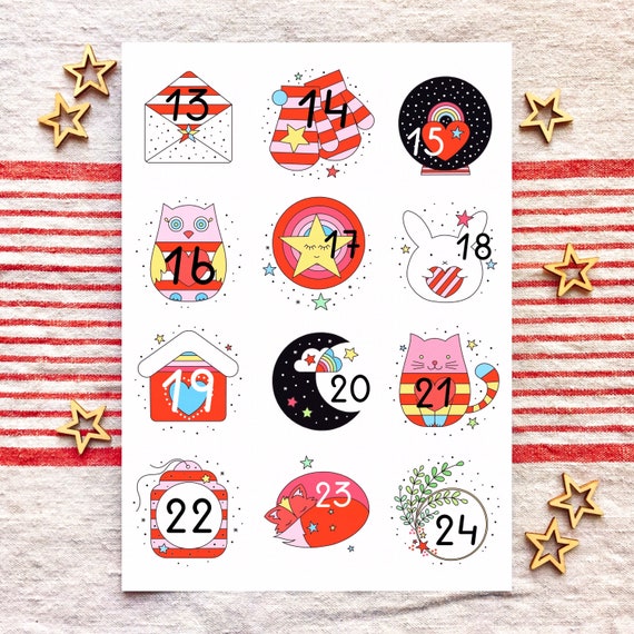 Advent calendar stickers. 24 cute festive advent stickers. 24 stickers to make your own DIY advent calendar.