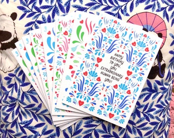 8 mixed occasions greeting cards with bright scandi folk patterns. Birthday cards, thank you card, congratulations card and more.