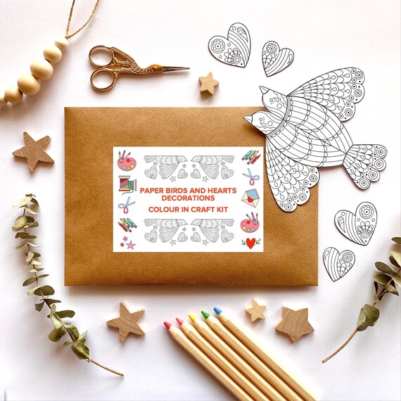 Paper birds and hearts decorations kit. 6 cute paper birds and 12 little hearts to colour in & make into garlands and ornaments.