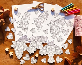 Paper birds and hearts craft kit. 6 scandi style paper birds to colour in, cut out & make into garlands and ornaments. Eco paper craft kit.