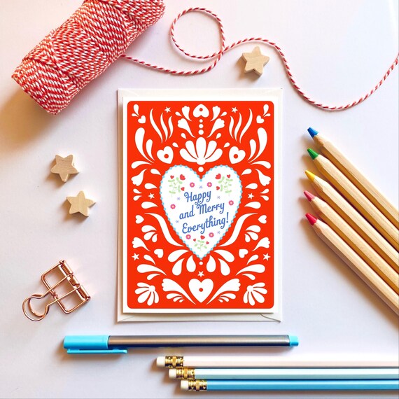 Happy and Merry Everything! Scandi style card. Folk pattern and heart. Eco Christmas card.