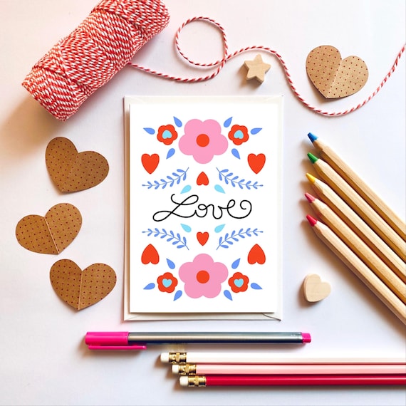 Love, hearts and flowers card. Valentine card, engagement card, wedding card. A6 greeting card.