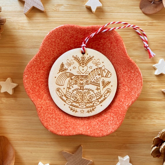 Rocking Dala horse wooden ornament. Scandi inspired Christmas decoration. Laser cut wooden decoration.
