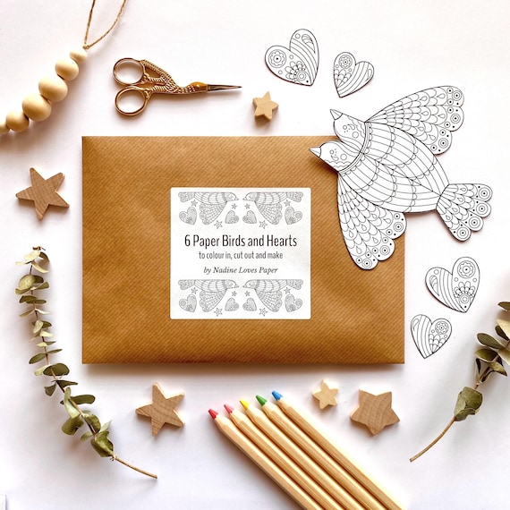 Paper Birds and Hearts craft kit. 6 cute paper birds and 12 little hearts to colour in & make into garlands and ornaments. Eco craft kit