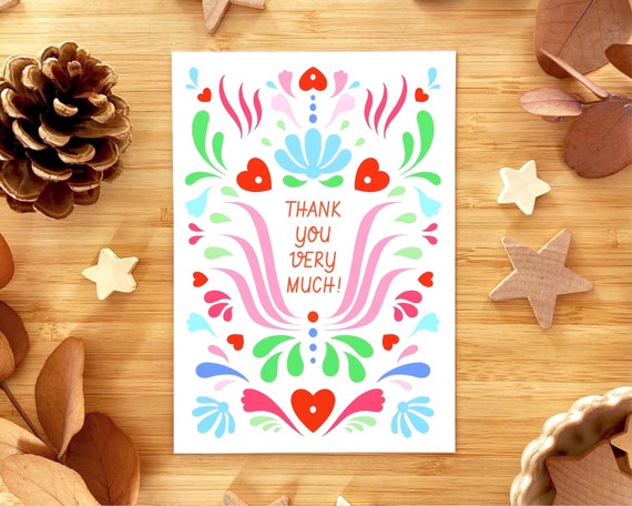 Thank you very much! Pink and green scandi folk pattern thank you card. Thank you greeting card.