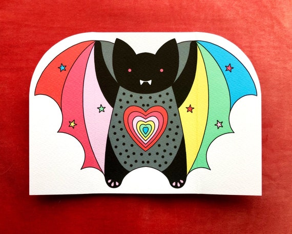 Cute Rainbow Bat greeting card or wrap over card. Halloween card with trick or treat sticker.