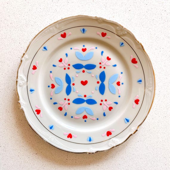 Pink, red, yellow and blue patterned hand painted plate. Decorative wall plate. Scandi inspired decor.