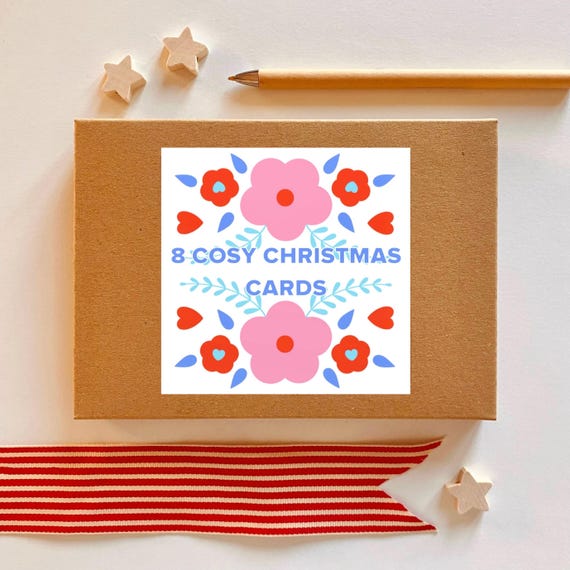 8 cosy Christmas cards. Pack of 8 mixed Christmas cards, with 8 different festive cosy designs and 8 envelopes.