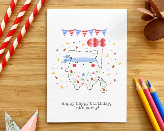 Cute cat with piñata birthday card. Happy happy birthday, let’s party!