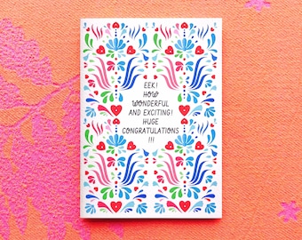 Eek! How wonderful and exciting! Huge congratulations!!! Rainbow scandi folk greeting card. Congratulations card.