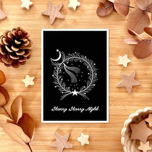 Nuit étoilée étoilée. Carte de Noël noir et blanc. Couronne d'hiver, carte de lune et d'étoiles.