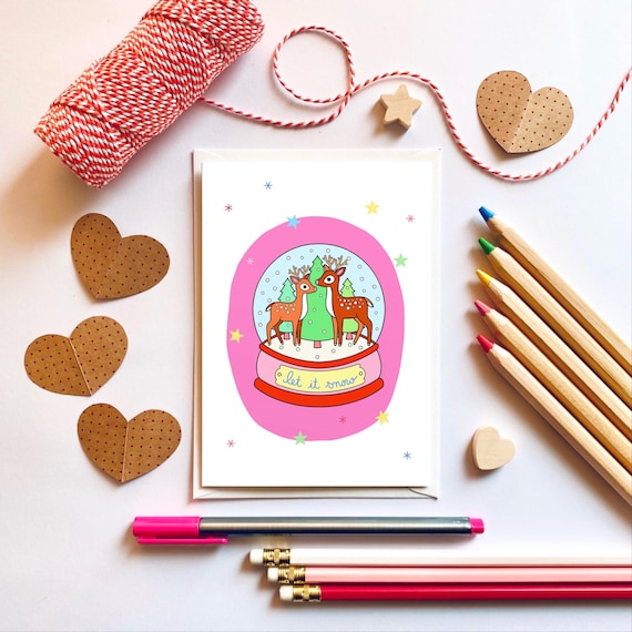 Let it snow. Cute snow globe and deer Christmas card. Vintage inspired Christmas card.