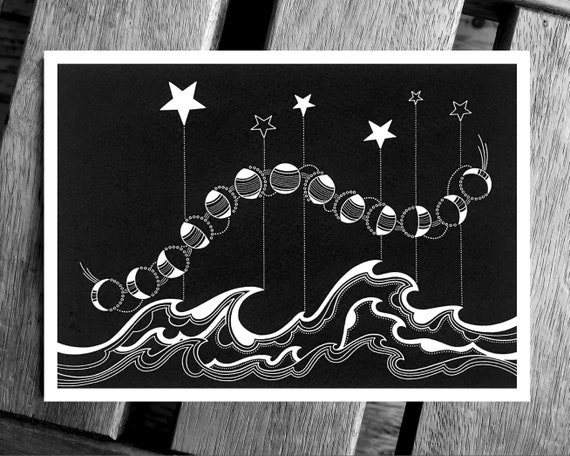 Moon phases, black and white greeting card.