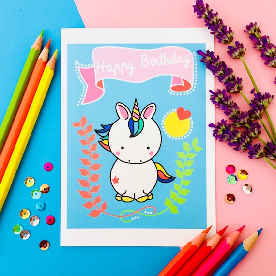 Cute rainbow unicorn birthday card with a pink scroll banner. Personalised birthday card.