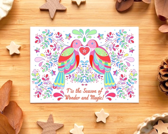 T’is the Season of Wonder and Joy! Christmas love birds. Scandi style card. Eco Christmas card.