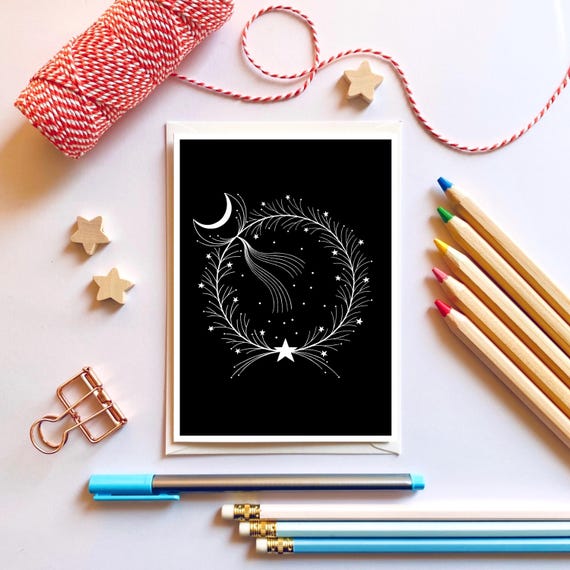 Moon and stars wreath. Black and white Wreath greeting card.