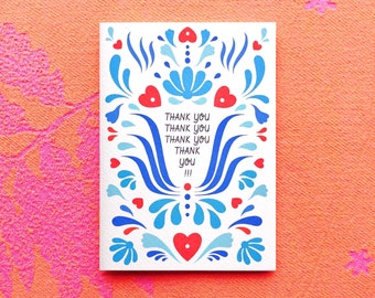 Thank you thank you thank you!!! Blue scandi folk style thank you card.