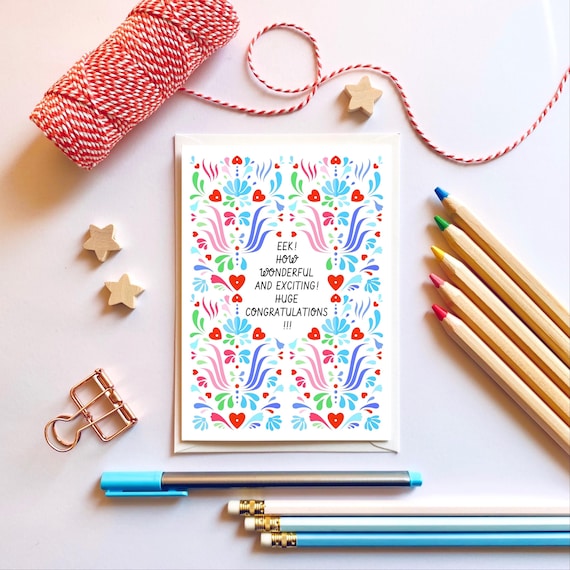 Eek! How wonderful and exciting! Huge congratulations!!! Rainbow scandi folk greeting card. Congratulations card.