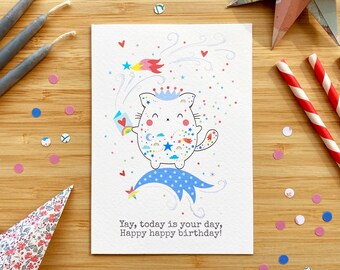 Cute cat and confetti birthday card. Yay, today is your day, happy happy birthday!