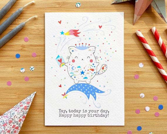 Cute cat and confetti birthday card. Yay, today is your day, happy happy birthday!